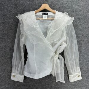 Lori Max Blouse Women M Medium White Tasseled Tie Up Belted Long Sleeve Lined